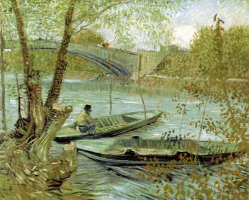 Vincent Van Gogh : Two boats near a bridge across the seine